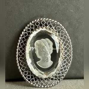 Filigree glass lady brooch